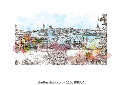 Building view with landmark of Bern, the capital city of Switzerland. Watercolor splash with Hand drawn sketch illustration in vector.