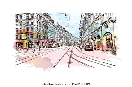 Building view with landmark of Bern, the capital city of Switzerland. Watercolor splash with Hand drawn sketch illustration in vector.