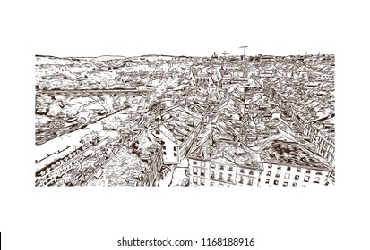 Building view with landmark of Bern, the capital city of Switzerland. Hand drawn sketch illustration in vector.