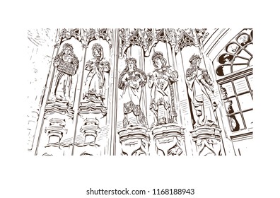 Building view with landmark of Bern, the capital city of Switzerland. Hand drawn sketch illustration in vector.