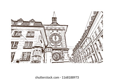 Building view with landmark of Bern, the capital city of Switzerland. Hand drawn sketch illustration in vector.