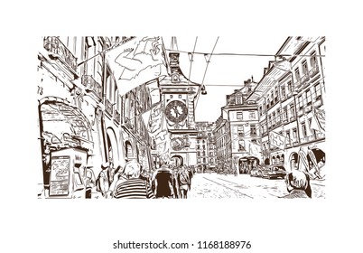 Building view with landmark of Bern, the capital city of Switzerland. Hand drawn sketch illustration in vector.