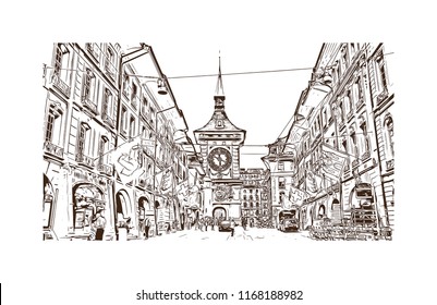 Building view with landmark of Bern, the capital city of Switzerland. Hand drawn sketch illustration in vector.