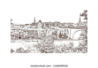 Building view with landmark of Bern, the capital city of Switzerland. Hand drawn sketch illustration in vector.