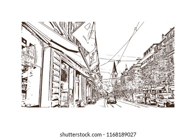 Building view with landmark of Bern, the capital city of Switzerland. Hand drawn sketch illustration in vector.