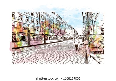 Building view with landmark of Bern, the capital city of Switzerland. Watercolor splash with Hand drawn sketch illustration in vector.
