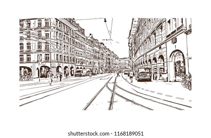 Building view with landmark of Bern, the capital city of Switzerland. Hand drawn sketch illustration in vector.