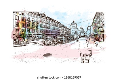 Building view with landmark of Bern, the capital city of Switzerland. Watercolor splash with Hand drawn sketch illustration in vector.