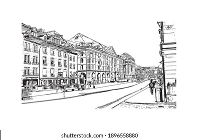 Building view with landmark of Bern is the capital city of Switzerland. Hand drawn sketch illustration in vector.