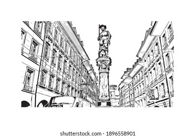 La ciudad capital de Suiza es la construcción de un edificio con un punto de referencia de Berna. Dibujo a mano de ilustración de esbozo en vector.