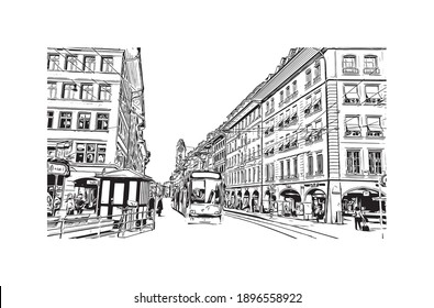 La ciudad capital de Suiza es la construcción de un edificio con un punto de referencia de Berna. Dibujo a mano de ilustración de esbozo en vector.