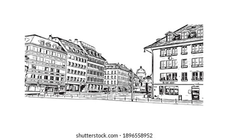Bausicht mit Wahrzeichen Bern ist die Hauptstadt der Schweiz. Handgezeichnete Skizzengrafik in Vektorgrafik.