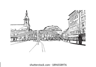 Building view with landmark of Bern is the capital city of Switzerland. Hand drawn sketch illustration in vector.