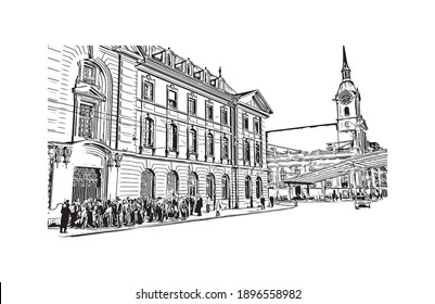 Building view with landmark of Bern is the capital city of Switzerland. Hand drawn sketch illustration in vector.