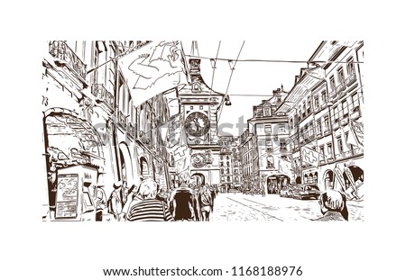 Building view with landmark of Bern, the capital city of Switzerland. Hand drawn sketch illustration in vector.