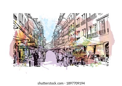 Building view with landmark of Bern is the
city in Switzerland. Watercolour splash with hand drawn sketch illustration in vector.