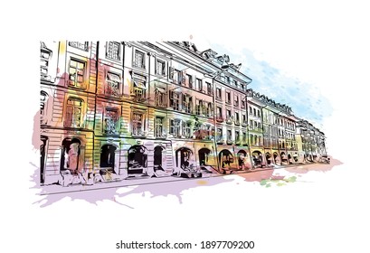 Construir vistas con un punto de referencia de Berna es el
ciudad de Suiza. Salto de color de agua con ilustración de esbozo dibujada a mano en vector.