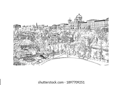 Building view with landmark of Bern is the
city in Switzerland. Hand drawn sketch illustration in vector.