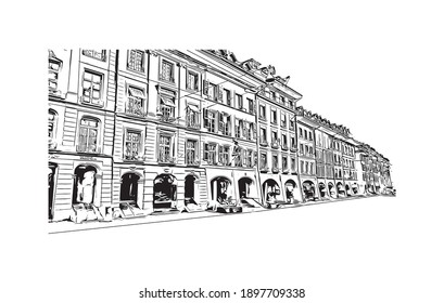 Construir vistas con un punto de referencia de Berna es el
ciudad de Suiza. Dibujo a mano de ilustración de esbozo en vector.