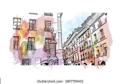 Bausicht mit Wahrzeichen von Bern ist die
Stadt in der Schweiz. Aquarellspritzer mit handgezeichneter Skizzengrafik in Vektorgrafik.