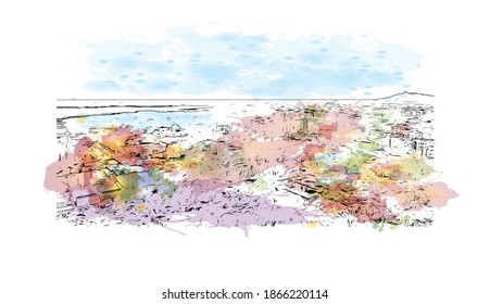 Building view with landmark of Bhopal is the
city in India. Watercolour splash with hand drawn sketch illustration in vector.