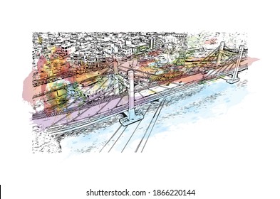 Building view with landmark of Bhopal is the
city in India. Watercolour splash with hand drawn sketch illustration in vector.