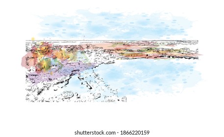 Building view with landmark of Bhopal is the
city in India. Watercolour splash with hand drawn sketch illustration in vector.