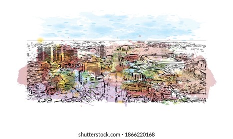 Building view with landmark of Bhopal is the
city in India. Watercolour splash with hand drawn sketch illustration in vector.
