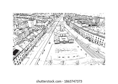 Building view with landmark of Bialystok is the
city of Poland. Hand drawn sketch illustration in vector.