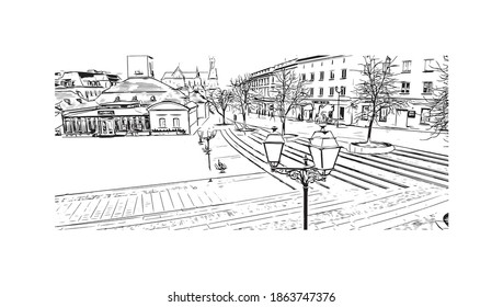Building view with landmark of Bialystok is the
city of Poland. Hand drawn sketch illustration in vector.