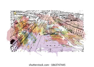 Building view with landmark of Bialystok is the
city of Poland. Watercolour splash with hand drawn sketch illustration in vector.