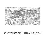 Building view with landmark of Bielsko Biala is a city in southern Poland. Hand drawn sketch illustration in vector.
