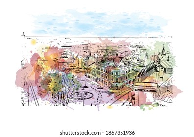 Building view with landmark of Bielsko Biala is a city in southern Poland. Watercolour splash with hand drawn sketch illustration in vector.