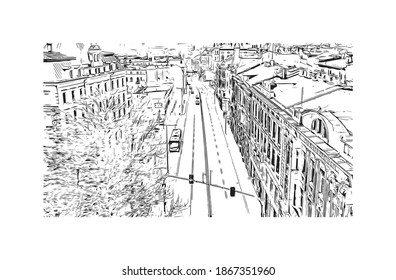 Vista de edificios con un punto de referencia de Bielsko Biala es una ciudad al sur de Polonia. Dibujo a mano de ilustración de esbozo en vector.