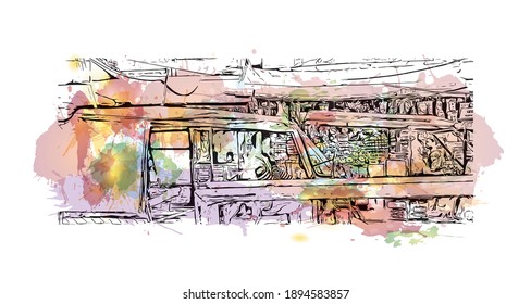 Building view with landmark of Bihar Sharif is the
city in India. Watercolour splash with hand drawn sketch illustration in vector.