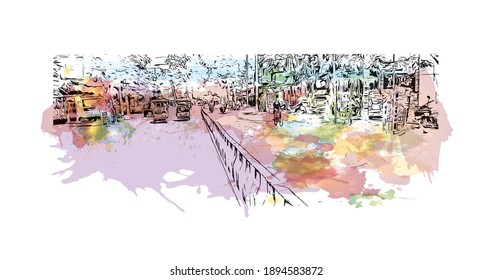 La vista de edificio con un punto de referencia de Bihar Sharif es el
ciudad de India. Salto de color de agua con ilustración de esbozo dibujada a mano en vector.