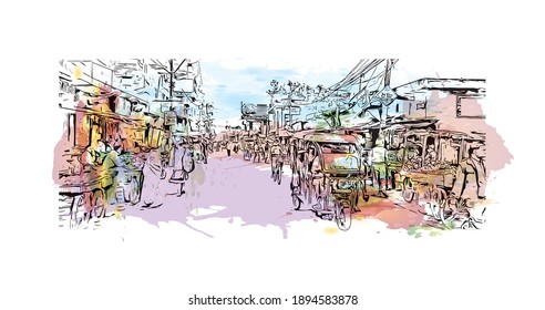 Building view with landmark of Bihar Sharif is the
city in India. Watercolour splash with hand drawn sketch illustration in vector.
