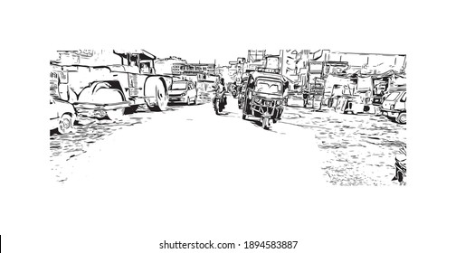 Building view with landmark of Bihar Sharif is the
city in India. Hand drawn sketch illustration in vector.