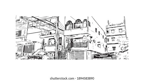 La vista de edificio con un punto de referencia de Bihar Sharif es el
ciudad de India. Dibujo a mano de ilustración de esbozo en vector.
