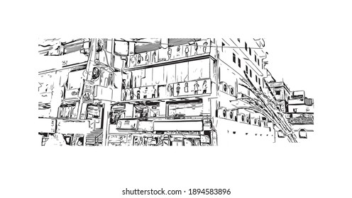 La vista de edificio con un punto de referencia de Bihar Sharif es el
ciudad de India. Dibujo a mano de ilustración de esbozo en vector.