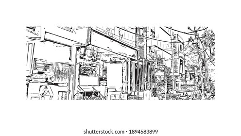 La vista de edificio con un punto de referencia de Bihar Sharif es el
ciudad de India. Dibujo a mano de ilustración de esbozo en vector.