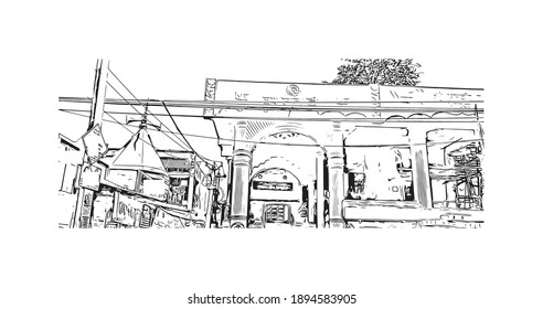 Building view with landmark of Bihar Sharif is the
city in India. Hand drawn sketch illustration in vector.