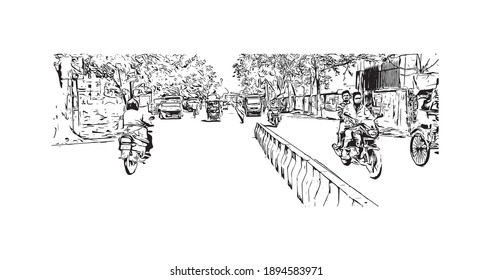 Der Blick auf das Gebäude mit Wahrzeichen von Bihar Sharif ist der
Stadt in Indien. Handgezeichnete Skizzengrafik in Vektorgrafik.