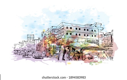 Building view with landmark of Bihar Sharif is the
city in India. Watercolour splash with hand drawn sketch illustration in vector.