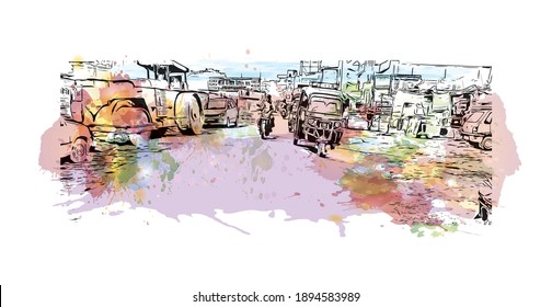 Building view with landmark of Bihar Sharif is the
city in India. Watercolour splash with hand drawn sketch illustration in vector.