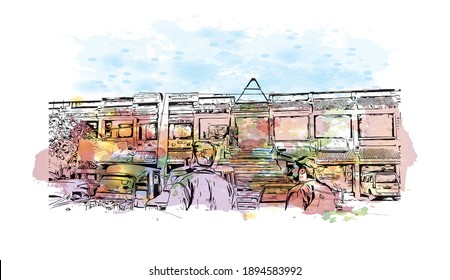 La vista de edificio con un punto de referencia de Bihar Sharif es el
ciudad de India. Salto de color de agua con ilustración de esbozo dibujada a mano en vector.