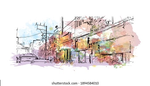 Der Blick auf das Gebäude mit Wahrzeichen von Bihar Sharif ist der
Stadt in Indien. Aquarellspritzer mit handgezeichneter Skizzengrafik in Vektorgrafik.