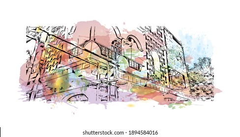 La vista de edificio con un punto de referencia de Bihar Sharif es el
ciudad de India. Salto de color de agua con ilustración de esbozo dibujada a mano en vector.