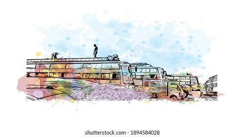 Building view with landmark of Bihar Sharif is the
city in India. Watercolour splash with hand drawn sketch illustration in vector.