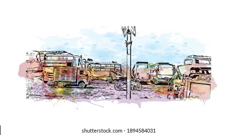 Building view with landmark of Bihar Sharif is the
city in India. Watercolour splash with hand drawn sketch illustration in vector.